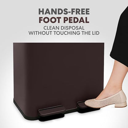 Simpli-Magic 60 Liter / 16 Gallon Rectangular Hands-Free Dual Compartment Recycling Kitchen Step Trash Can with Soft-Close Single Lid, Stainless Steel (30L x 30L Capacity) Brown