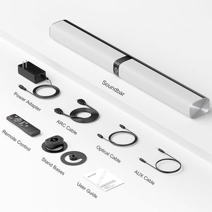 Sound Bar for Smart TV, 80W Soundbar with Bluetooth/ARC/Opt/AUX Connect, Auto Volume Boost, 3 Equalizer Modes, 2 in 1 Detachable Soundbar for TV/PC/Gaming/Projectors