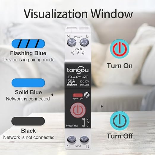 TONGOU ZigBee DIY Smart Switch 50A| DIN Rail Switch| 1P+N 90-240VAC| Real-time Power Monitoring| Remote Control and Set Timer for Home Automation| Support Tuya/Smart Life| Voice Control| FCC Certified
