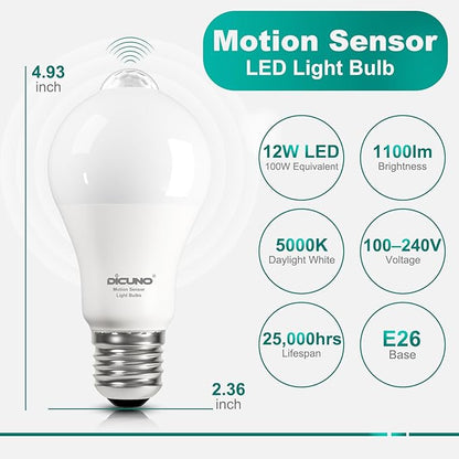 DiCUNO PIR Motion Sensor Light Bulbs, 12W (100W Equivalent) E26 LED Body Motion Sensor Infrared Bulb Auto on/Off, Outdoor/Indoor Light for Front Porch Garage, 1100LM 5000K Daylight White, 2 Pack
