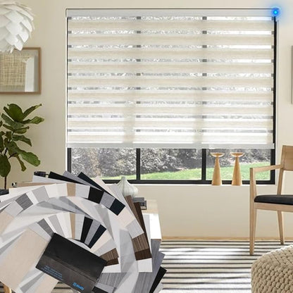 Motorized Zebra Blinds with Remote Smart Blind Work with Homekit Alexa SmartThings Electric Day and Night Shade Cordless Automatic Solar Powered Window Shade Customize Zebra Fabric Swatch