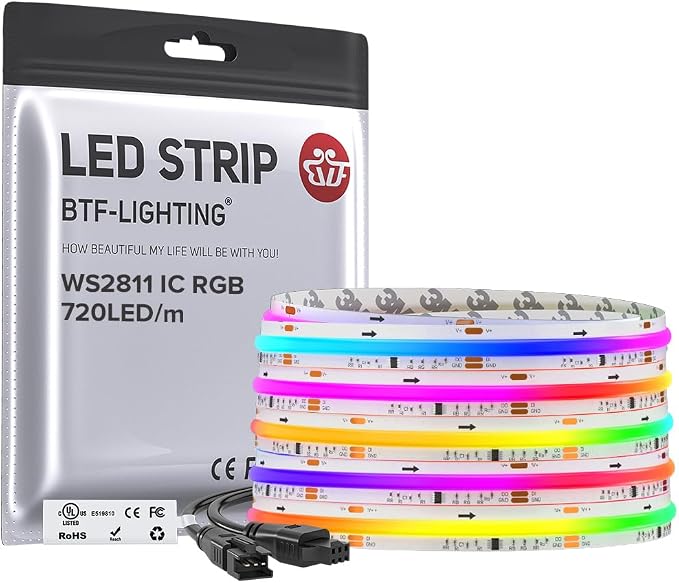BTF-LIGHTING 16.4FT WS2811 Smart IC RGB DC12V FCOB COB LED Strip Light | UL Listed 720LEDs/m High Density Color Chasing Light 12mm Width for Home Party DIY Lighting(No Adapter or Controller)