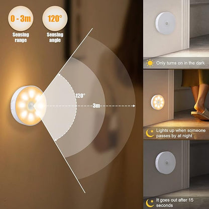 8 LEDs Motion Sensor Light Indoor, Night Light USB Rechargeable, 3 Light Modes & 400 mAh Battery, Cordless Magnetic Sticker Nightlight for Stair, Closet, Hallway - 3000K Warm White 6 Pack