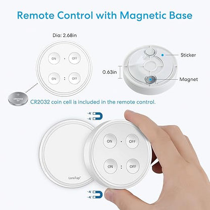LoraTap Wireless Outlet (2 Pack) - Ergonomic Round Remote (Comfort Grip!) + Magnetic Wall Base - Stick & Grab, No Wall Damage - 15A/1875W 100ft Range - Control for Hard-to-Reach Sockets