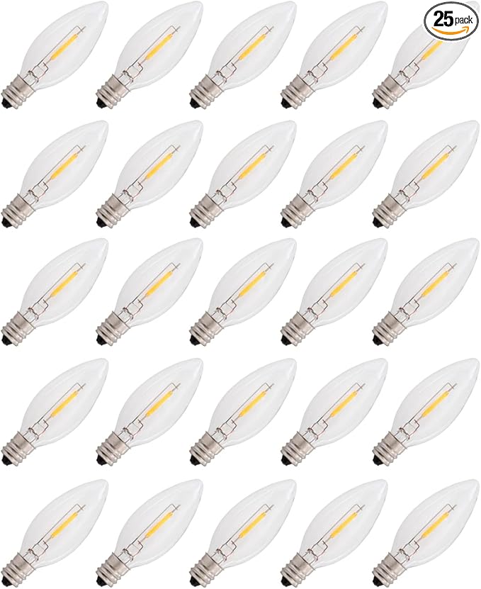 Creative Hobbies 25-Pack LED Replacement Light Bulbs for Electric Candle Lamps, Window Candles, Chandeliers - 7 Watt Equivalent Candelabra, Clear, Steady Burning, 120v 7w Bulb