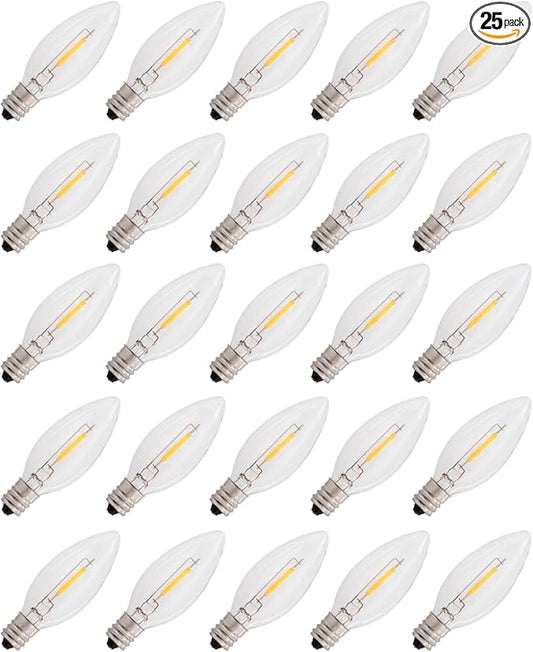Creative Hobbies 25-Pack LED Replacement Light Bulbs for Electric Candle Lamps, Window Candles, Chandeliers - 7 Watt Equivalent Candelabra, Clear, Steady Burning, 120v 7w Bulb