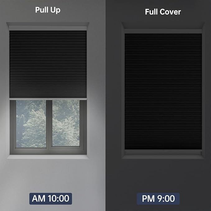 Cellular Shades Blackout Honeycomb Blinds for Indoor Windows, Cordless Cellular Shades 1.5 inch Cell Pleated for Bedroom Home Office, Custom Size, Blackout Black
