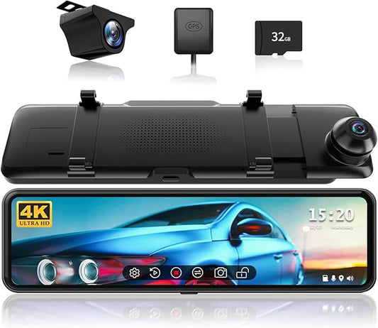 REDTIGER T700 Rear View Mirror Camera 11'' 4K UHD Front and 1080P Mirror Dash Cam Front and Rear, GPS,Parking Monitor,Night Vision,Smart Reverse Parking Assistance,Touch Screen, 32 GB Card