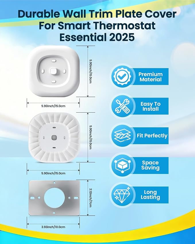 Wall Plate Cover Compatible with Ecobee Smart Thermostat Essential New 2025, Large Thermostat Trim Kit for Junction Box and Wall Hole Coverage, 5.9" x 5.9", Matte Tricorn White