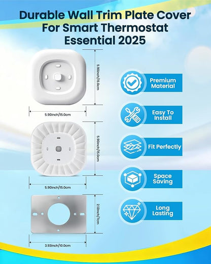 Wall Plate Cover Compatible with Ecobee Smart Thermostat Essential New 2025, Large Thermostat Trim Kit for Junction Box and Wall Hole Coverage, 5.9" x 5.9", Matte Tricorn White