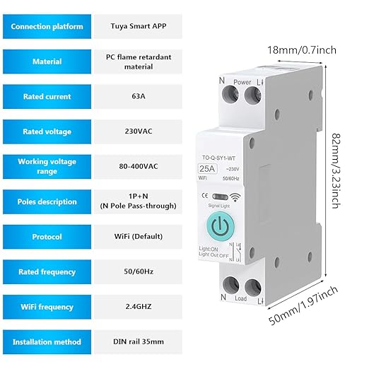 WiFi Circuit Breaker, 1P+N 25A 230V Smart Home Wireless Remote Control Switch Timer Voice Control Compatible with Smart Life TUYA APP DIN Rail Mounted