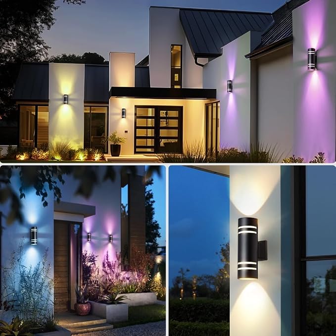 KIZON Smart Porch Lights 2 Pack, Modern Dusk to Dawn Outdoor Wall Lights Color Changing, Dimmable RGB Exterior Sconce Up and Down Light, Outside Lights for House Garage, Compatible with Alexa