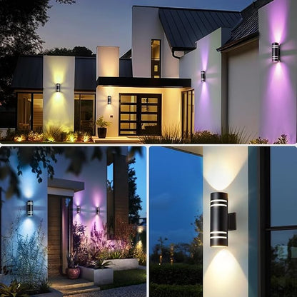 KIZON Smart Porch Lights 2 Pack, Modern Dusk to Dawn Outdoor Wall Lights Color Changing, Dimmable RGB Exterior Sconce Up and Down Light, Outside Lights for House Garage, Compatible with Alexa
