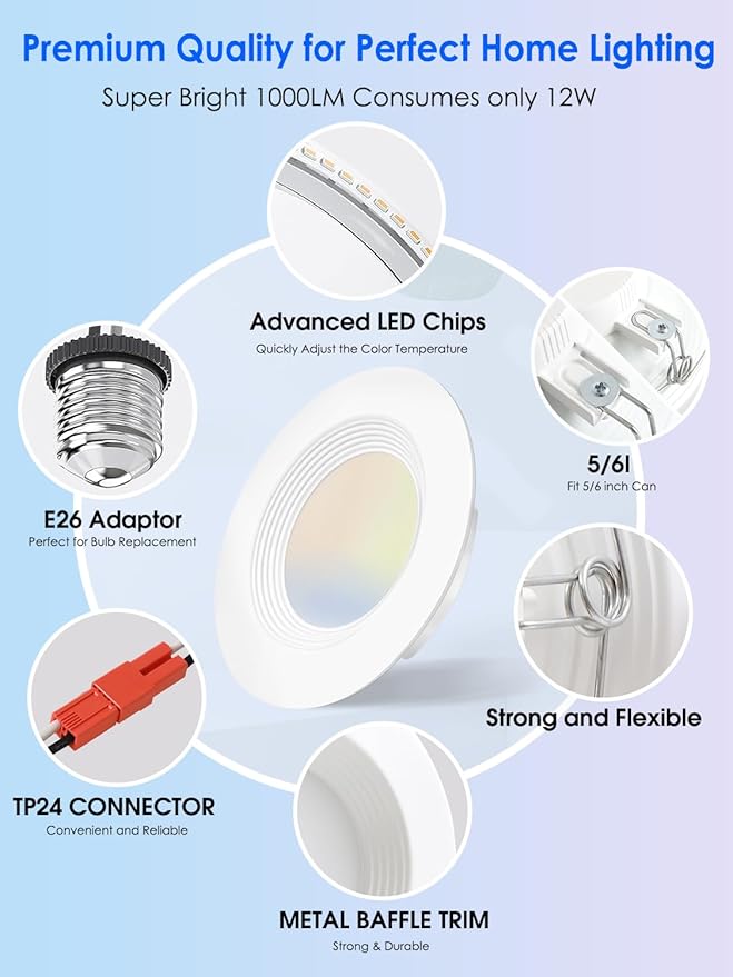 Energetic 5/6 Inch LED Recessed Lighting, 1000LM, 4000K Cool White, 13W=150W, Dimmable LED Can Light, Damp Rated, Simple Retrofit Installation, ETL Listed, 12 Pack