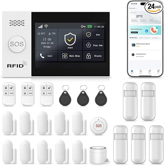 Alarm System for Home Security,24Pcs WiFi+GSM/4G Door/WindowAlarmSystem Kit,with Touch Screen & App Alerts&Auto Alarm Dial Compatible with Alexa,for Apartment,Kids Safety NO Monthly Fees