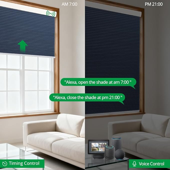 Motorized Cellular Shades with Remote Blackout Honeycomb Smart Blinds Options for Indoor Windows, Remote/Alexa/Matter Compatible, Easy DIY Installation (Blue)