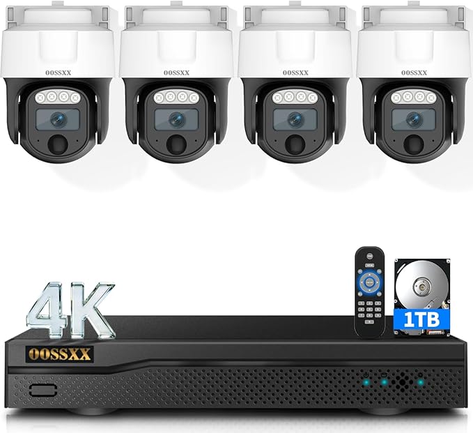 (2026 New) 4K PTZ Wired Outdoor Security Camera System, 8CH DVR with 1TB HDD, 4 Cameras, Remote Control, No Monthly Fee App, 122° Wide Angle, AI Human Detection, Audio Mic, IR Night Vision, Indoor