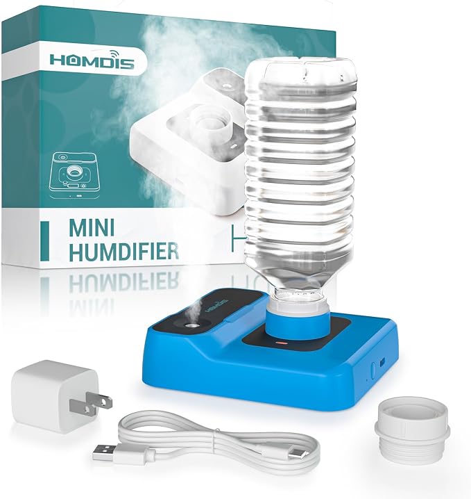 Travel Humidifier, Portable Small Humidifier for Plants, Bedroom, Office, Hotel or Car, Battery Operated Mini Cool Mist Humidifiers, Quiet 23dB, Auto-off, Night Light & BPA-Free, Blue