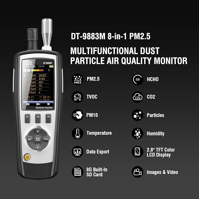 CEM T.ax Included DT-9883M cleanroom Particle Counter PM2.5/10 HCHO CO2 TVOC Air Particle (0.3,0.5,1.0,2.5,5.0,10μm Supports Photos and Camera