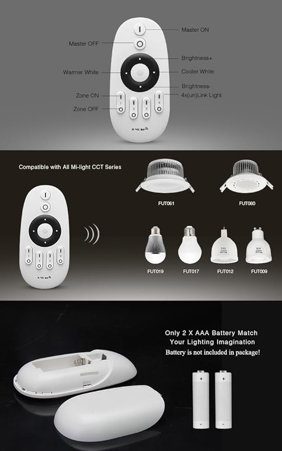 LGIDTECH FUT007 Mi.Light CCT WW+CW 4-Zone Remote Controller (Battery Not Included) for Milight/Miboxer Color Temperature Adjustable LED Lamps and LED Strip Light Controller FUT035 FUT036