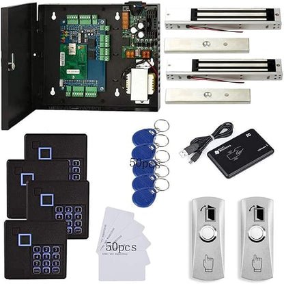2 Door Track in and Out Security Entry System with 4 RFID Keypad Reader+600lbs Electronic Magnetic Lock+Metal Exit Button+Power Supply Box+FRID Cards/Key fobs TCP/IP Phone APP