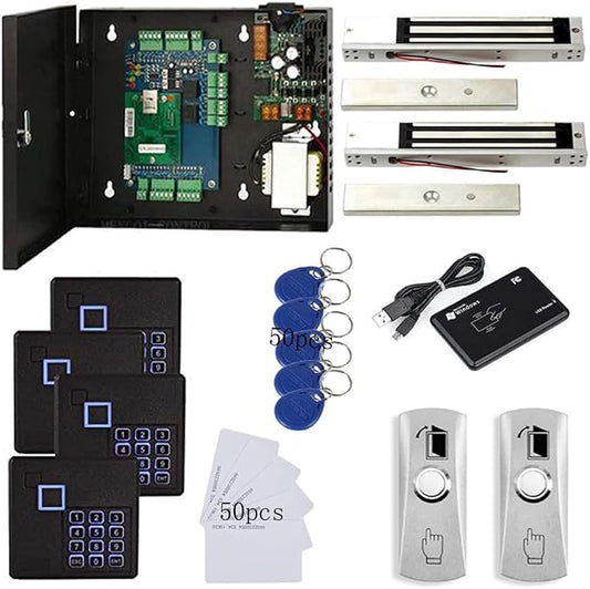 2 Door Track in and Out Security Entry System with 4 RFID Keypad Reader+600lbs Electronic Magnetic Lock+Metal Exit Button+Power Supply Box+FRID Cards/Key fobs TCP/IP Phone APP