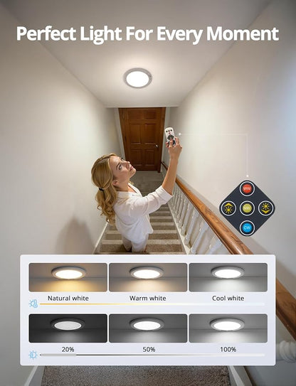 Combuh 2Pack Rechargeable Closet Lights Motion Sensored, Battery Powered Shower Lamp with Remote, Dimming Timing Cordless Ceiling Light Fixture for Pantry Laundry Bathroom Hallway, 7.48Inch, Round