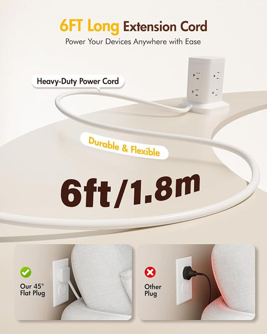 Power Strip Tower with Surge Protector 1800J, Fast Charging Tower PD20W USB-C Ports with 8 AC Outlets, 6ft Extension Cord for Home Office Dorm Room, White