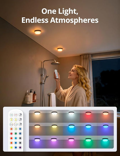 Combuh Rechargeable RGB Ambient Shower Light Waterproof Inside, 15 Color Changing Mood Lighting for Bathroom Bathtub IP65 Waterproof Cordless Battery Operated Stick on Lamp with Remote(Black 2 Pack)