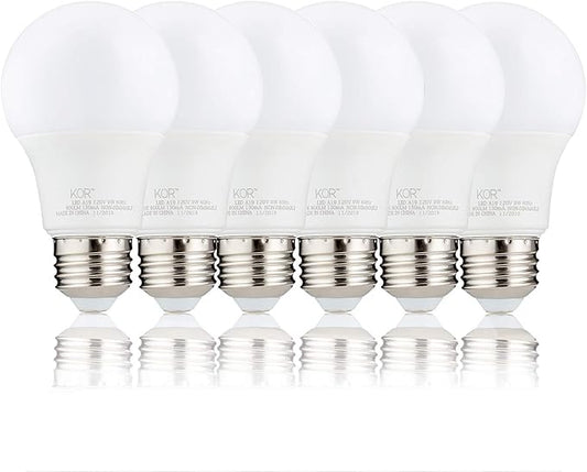 KOR 6 Pack A19 LED Light Bulb, 60W Equivalent, 4000K Cool White, 800 Lumens, Efficient 9 Watt Replacement Bulbs with E26 Standard Base, 15000 Long Life Hours, Non-Dimmable, 80+ CRI, UL Listed