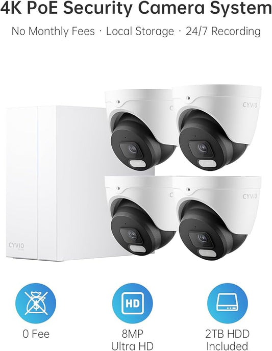 4K PoE Camera System, 4Pcs 8MP Outdoor Turret Home Security Cameras with AI Detection, 24-7 Recording, Color Night Vision, No Subscription, IP67 Waterproof, 4K 8CH NVR with 2TB HDD (N2834D)