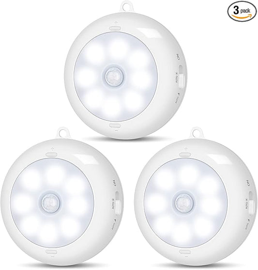 Reoshine Motion Sensor Light Indoor, LED Night Light Closet Lights, Under Cabinet Lights, AA Battery Operated Stick on Wireless Puck Lights for Wall, Step, Stair, Dimmable (3 Pack)