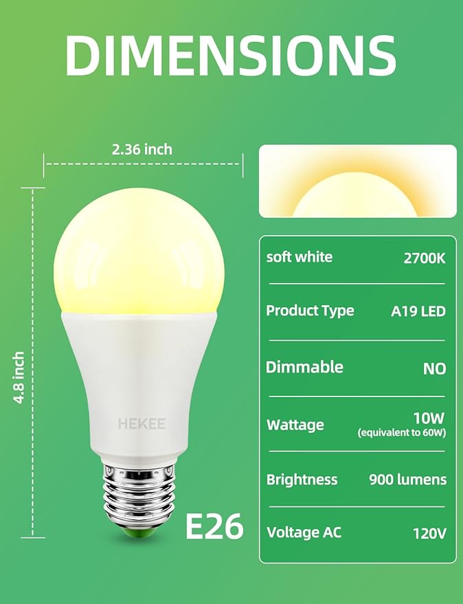 HEKEE Dusk to Dawn Sensor Light Bulbs LED A19 900 Lumens, Outdoor Porch Lights, 60 Watt Equivalent, Warm White 2700K Soft White Security Bulb(Auto on/Off), E26 Screw Base(4 Pack)