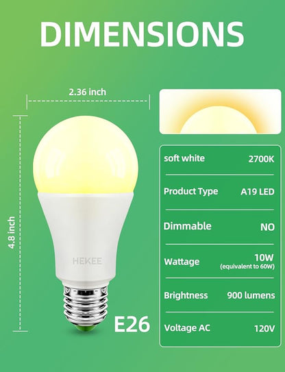 HEKEE Dusk to Dawn Sensor Light Bulbs LED A19 900 Lumens, Outdoor Porch Lights, 60 Watt Equivalent, Warm White 2700K Soft White Security Bulb(Auto on/Off), E26 Screw Base(4 Pack)