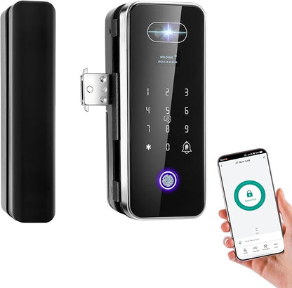 EIYSIE Sliding Glass Door Lock, Fingerprint Lock with 3D Face Recognition for Frameless Doors, Keyless Entry Door Lock with Keypad, No-Drill Smart Glass Lock for Office Store Home