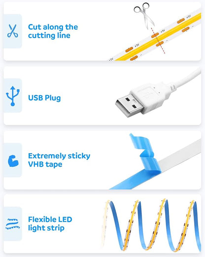 Aclorol COB LED Strip Lights for TV 5V USB Powered Warm White 6.56FT 320Leds/M COB Flexible Light Strip TV Led Backlight for Bedroom Under Cabinet Kitchen DIY Lighting Project 3000K CRI85+ 2M