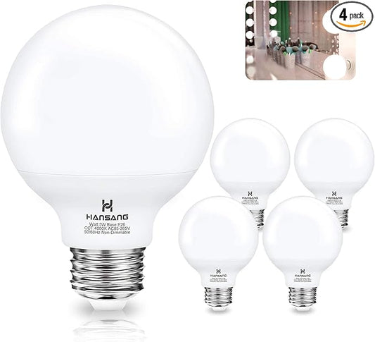 G25 LED Bathroom Light Bulbs, E26 Base 4000K Natural Daylight Vanity Mirror Light Globe Bulbs Uniform Lighting, High CRI Makeup Mirror Light Bulbs Not-Dimmable 4 Pack