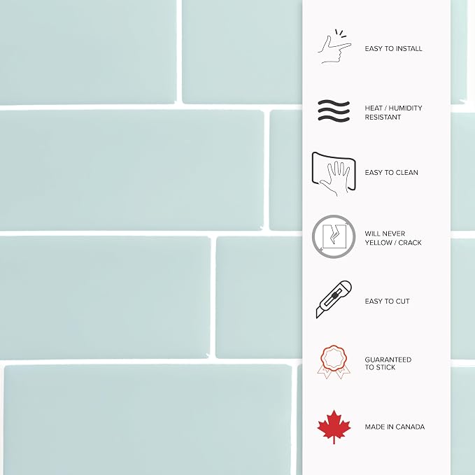 Smart Tiles Peel and Stick backsplash, Subway Pale Aqua, 11.55"x8.38" | Pack of 5 (2.8 sq ft), Glossy, Heat/Moisture Resistant, Low VOC, Kitchen/Bathroom, Renter Friendly, Made in Canada