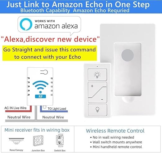 Nexete Smart Wireless Light Switch, Dimmer Switch & Receiver Kit No Wiring Wireless Remote Control,Remote & Voice Control,Bluetooth Work with Amazon Alexa Only ETL certified (2 Switches & 2 Receivers)