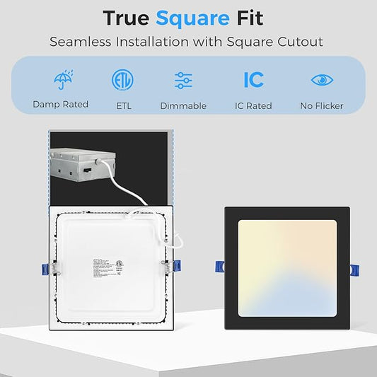 HONZIN 12 Pack 6 Inch Square Recessed Lighting, 5CCT Ultra Thin Square Recessed LED Downlight with Junction Box, 2700K/3000K/3500K/4000K/5000K Selectable, Dimmable,15W, Canless IC Rated, Black Trim
