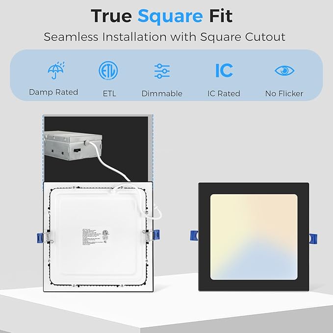 HONZIN 4 Pack 12 Inch Square Recessed Lighting, 5CCT Ultra-Thin LED Downlight, 2700K/3000K/3500K/4000K/5000K Selectable, Dimmable, 24W, IC Rated Canless Ceiling Lights with Junction Box, Black Trim