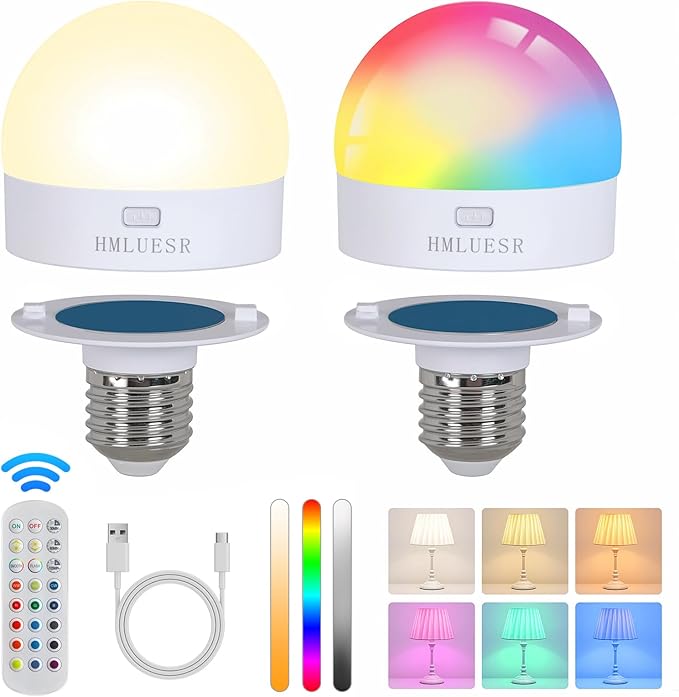 Rechargeable Light Bulbs with Remote Control, 3600mAh E26 Base Battery OperatedLED Bulb for Lamp Sconce, 300LM 15 RGB Lights Dimmable Timer Cordless Magnetic Led Light Bulb, 2 Pcs