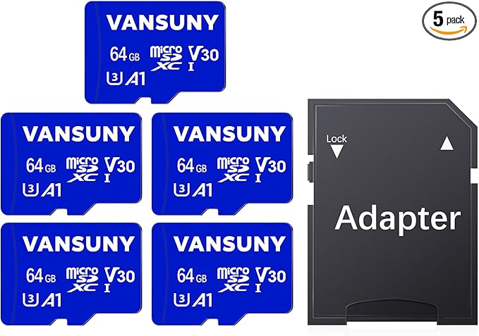 Vansuny Micro SD Card 64GB 5 Pack microSDXC Memory Card with SD Adapter A1 App Performance V30 4K Video Recording C10 U3 Micro SD for Phone, Security Camera, Dash Cam, Action Camera