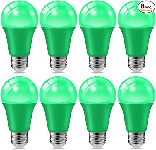 haraqi 8 Pack 9W (60W Equivalent) 120V E26 Base A19 LED Colored Light Bulb, Green LED Lights for Party Christmas Decor and Halloween Lighting