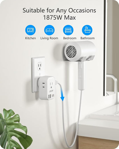 LENCENT Multi Plug Outlet Extender with USB, Electrical Outlet Expander | with 4 AC 4 USB Charger Cube (2 Type C), Small Multiple Wall Tap Plug Splitter for Home Office Travel Cruise Dorm Essentials