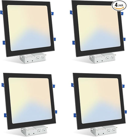 HONZIN 4 Pack 12 Inch Square Recessed Lighting, 5CCT Ultra-Thin LED Downlight, 2700K/3000K/3500K/4000K/5000K Selectable, Dimmable, 24W, IC Rated Canless Ceiling Lights with Junction Box, Black Trim