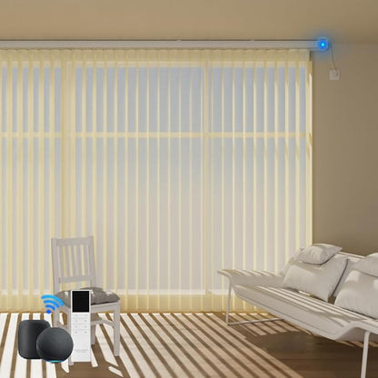 Motorized Sheer Vertical Blinds Work with Alexa Google Home, Light Filtering Smart Vertical Blind Sliding Door Blinds Remote Control Blinds for Sliding Glass Door Customize, Light Beige