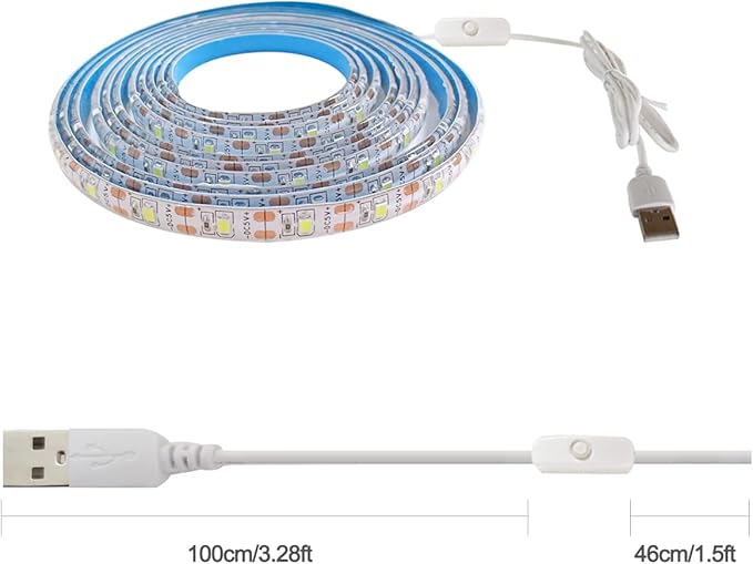 5V USB LED Strip Lights, White 6000K 9.84ft SMD 2835 IP65 Waterproof 180 LEDs Plug and Play Rope Light Strips with Switch for Bedroom, Kitchen Decoration