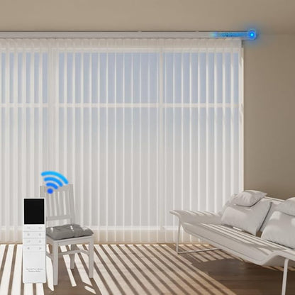 Motorized Sheer Vertical Blinds with Remote, Light Filtering Sliding Door Blinds for Customizing (White)