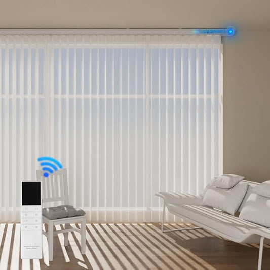 Motorized Sheer Vertical Blinds with Remote, Light Filtering Sliding Door Blinds for Customizing (White)
